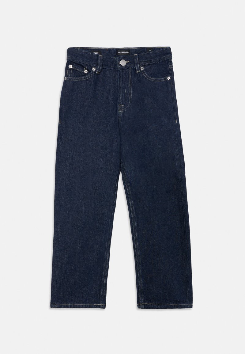 Mørkeblå denimjeans med rette ben. Funksjoner inkluderer fem lommer, metallknappelukking og kontrasterende gul søm.