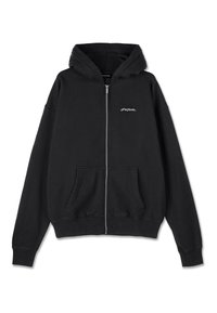 Sort zip-up hoodie lavet af en blanding af bomuldsstoffer. Har hætte, frontlommer, ribbede manchetter og et lille logo på brystet.