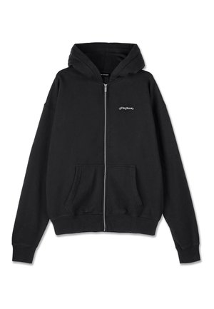 Black zip-up hoodie made of cotton blend material. Features a hood, front pockets, ribbed cuffs, and a small logo on the chest.