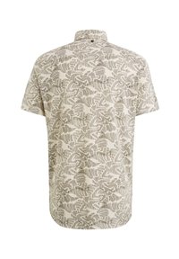 Chemise beige à manches courtes avec motif abstrait de feuilles et de lignes grises, vue de dos avec un col boutonné.