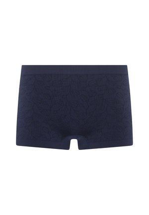 Marineblå seamless kvindelige boyshort undertøj med subtilt blomstermønster og elastisk linning.