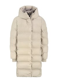Beige Daunenjacke mit hohem Kragen, einem gesteppten Design, langen Ärmeln mit gerippten Bündchen und einem Reißverschluss vorne.
