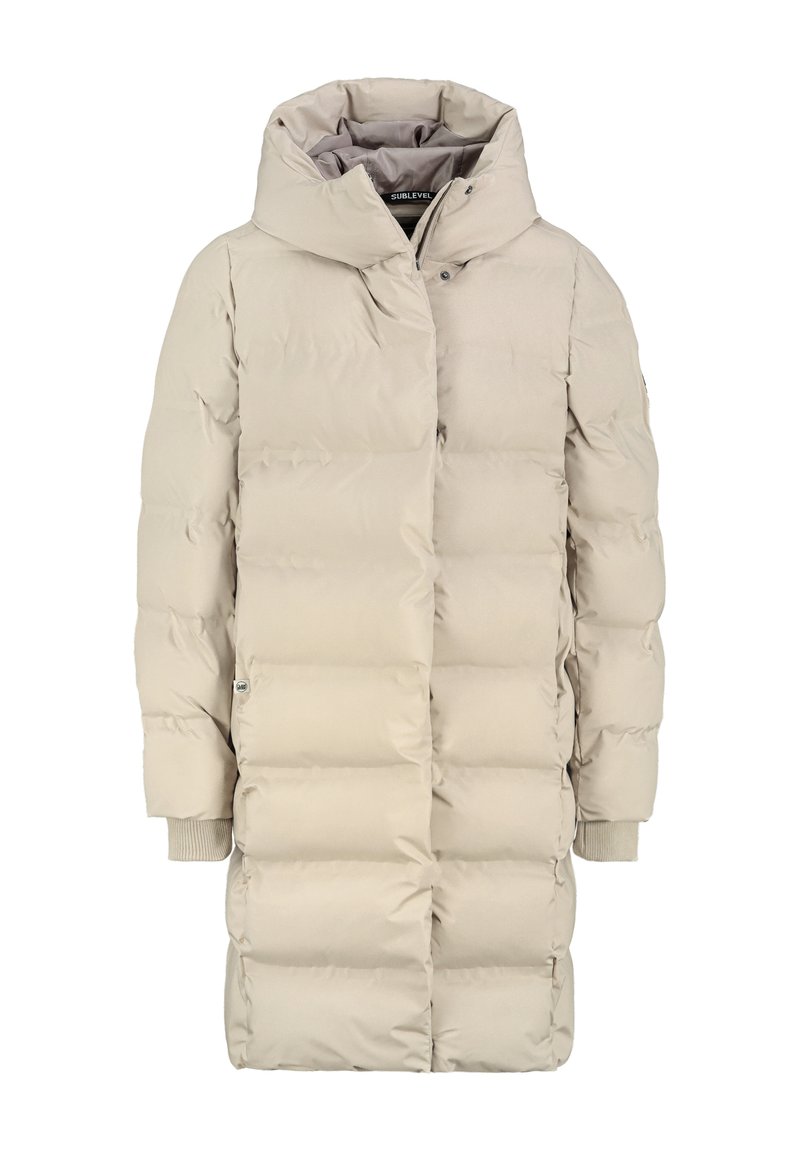 Beige Daunenjacke mit hohem Kragen, einem gesteppten Design, langen Ärmeln mit gerippten Bündchen und einem Reißverschluss vorne.