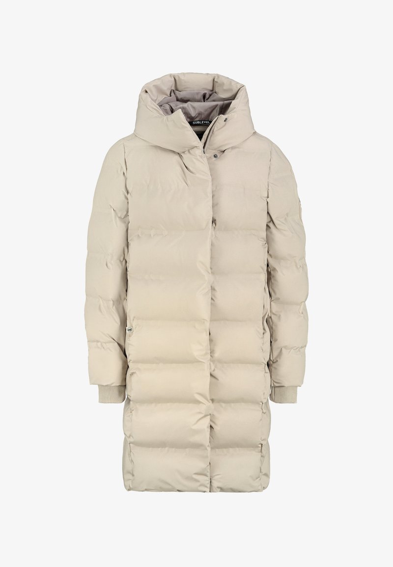 Beige Daunenjacke mit hohem Kragen, einem gesteppten Design, langen Ärmeln mit gerippten Bündchen und einem Reißverschluss vorne.