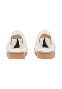 Pantofole slip-on in faux fur bianco con suola in gomma beige e una fascia in stoffa sul retro. Design aperto sul retro. Tessuto morbido e stile casual.