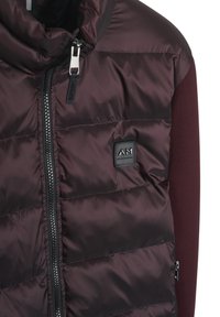 Giacca puffer bordeaux con colletto alto, chiusura con zip e un pannello testurizzato. Include una piccola etichetta con il logo sul petto.
