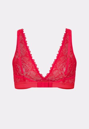 Red lace bralette with adjustable straps, deep V-neck design, floral pattern, and hook-and-eye closure at the back.