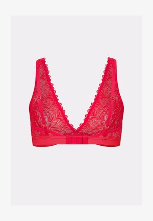 Red lace bralette with adjustable straps, deep V-neck design, floral pattern, and hook-and-eye closure at the back.