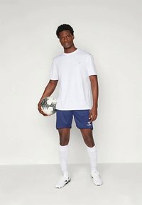 Fehér rövidujjú póló, kék sportnadrág, fehér térdhosszú zoknik, fekete-fehér focilabdát tartva. Egyszerű dizájn, laza szabás.