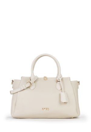 Borsa a mano in pelle color crema con doppi manici, tracolla regolabile, ferrature dorate e logo V°73 sul davanti.
