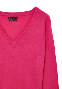 Rosa Kaschmir-Mischpullover mit V-Ausschnitt, geripptem Kragen und langen Ärmeln. Glatte Textur in einer einfarbigen Ausführung, ohne Muster oder Akzente.
