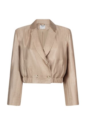 Korte beige jas van lichtgewicht, glanzende stof met een dubbelzijdige sluiting, brede revers en een elastische taille.