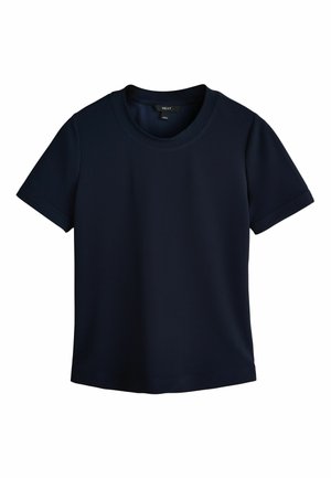 Námornícky modré tričko s krátkym rukávom a okrúhlym výstrihom, s hladkou textúrou, zobrazené naskladané na bielom pozadí.