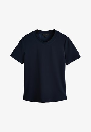 T-shirt blu navy a maniche corte con scollo rotondo e texture liscia, mostrata distesa su uno sfondo bianco.