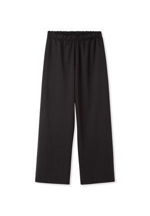 Pantaloni neri a gamba larga realizzati in tessuto morbido con vita elastica. Nessuna tasca visibile o decorazioni; design semplice e classico.