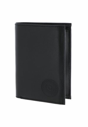 Portefeuille bifold en cuir noir avec motif circulaire en relief à l'avant, montré partiellement ouvert sur fond blanc.