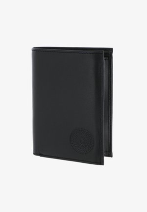 Black leather bifold wallet with embossed circular pattern on front, shown partially open against white background.