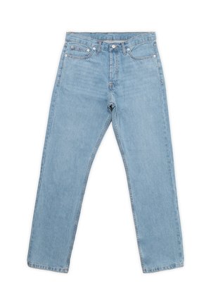Light blue denim jeans with a straight leg design, featuring a five-pocket layout, button fly, and subtle fading throughout the fabric.