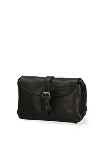 Borsa a mano nera in pelle con forma arrotondata, chiusura a patta e una piccola fibbia laterale. Texture liscia con un discreto logo del marchio.