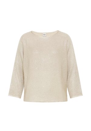 Maglione beige a maniche lunghe in maglia con scollo rotondo e dettagli leggermente scintillanti, con etichetta Brax sul colletto.