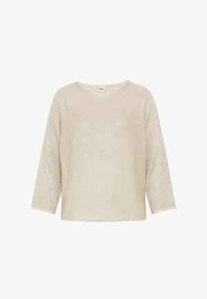 Pull en tricot beige à manches longues avec un col rond et des détails subtilement scintillants, étiquette Brax au col.