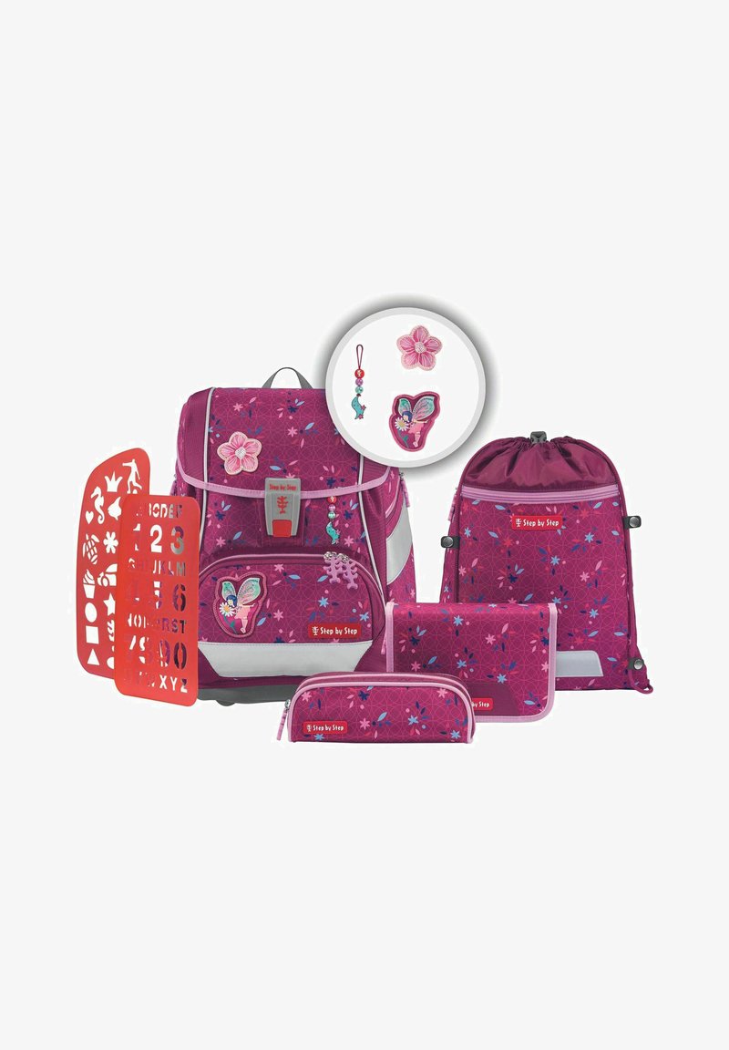 Pink school backpack set featuring a large backpack, drawstring bag, pencil case, and wallet. Decorated with floral and butterfly patterns.