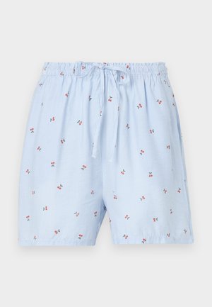 Shorts rayés bleus avec taille élastique et cordon de serrage, ornés de petites fleurs rouges dispersées sur le tissu.