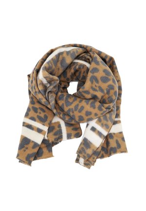 Bufanda con estampado de leopardo marrón y gris con rayas blancas, hecha de una tela suave. Presenta bordes deshilachados y un diseño de envoltura circular.