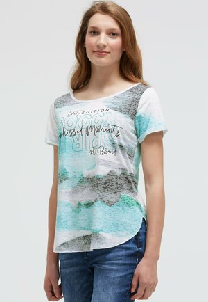 Short-sleeve, crew neck t-shirt in light gray, turquoise, and white with a textured, abstract pattern and graphic text on the front.