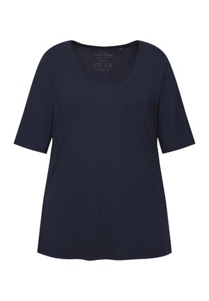 Dunkelblaues T-Shirt mit kurzen Ärmeln und weitem Rundhalsausschnitt. Hergestellt aus einem glatten, leichten Stoff mit lockerer Passform. Einfaches Design, keine Muster.