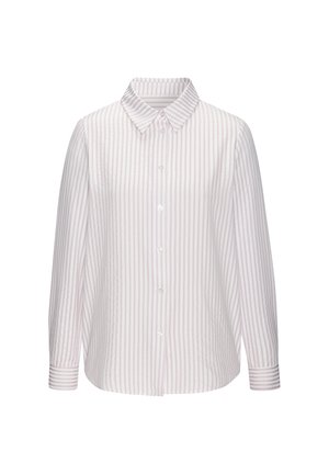 Langärmliges Button-up-Hemd in hellpink mit weißen vertikalen Streifen. Verfügt über einen klassischen Kragen und Knopfverschlüsse, aus glattem Stoff gefertigt.