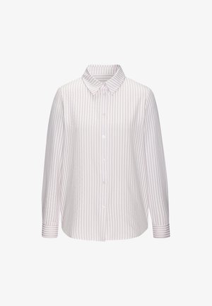 Camisa de manga larga con botones en rosa claro y rayas verticales blancas. Presenta un cuello clásico y cierres de botones, hecha de una tela suave.