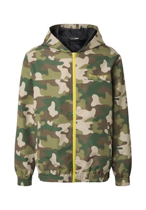 Veste à capuche camouflage avec fermeture éclair jaune à l'avant, poignets et ourlet élastiques, poches latérales et logo "bruno banani" sur la poitrine.