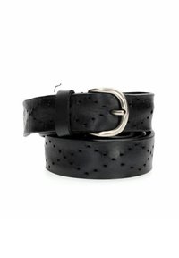 Cintura in pelle nera con texture perforata, fibbia metallica argento e punta regolabile. Design avvolto per una dimensione flessibile.