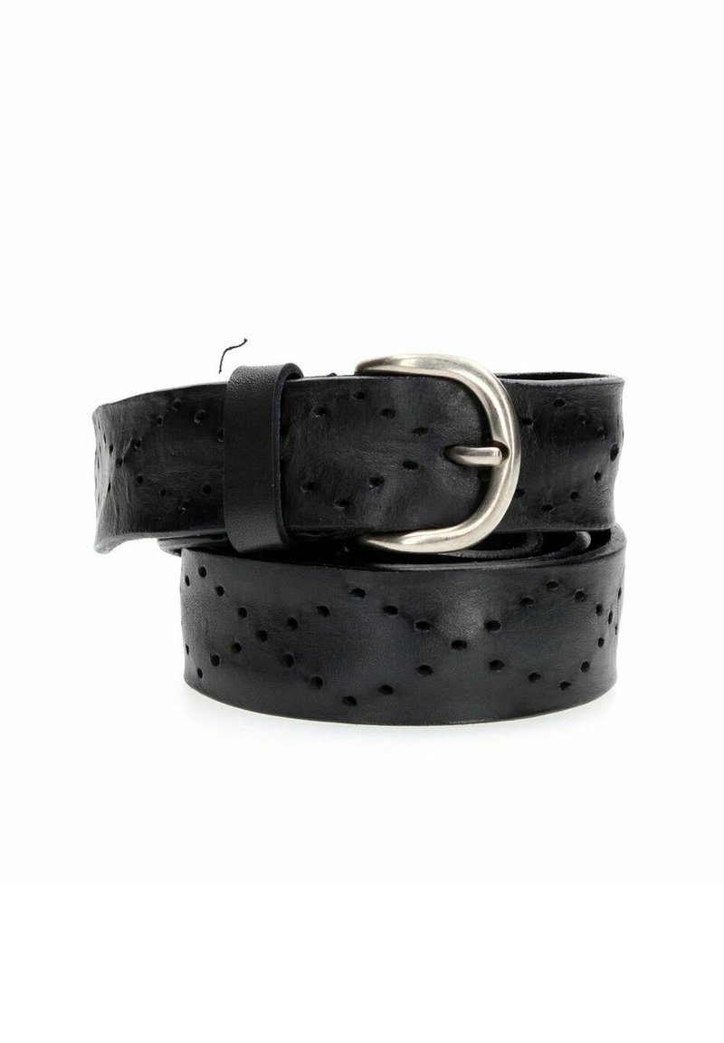 Cintura in pelle nera con texture perforata, fibbia metallica argento e punta regolabile. Design avvolto per una dimensione flessibile.