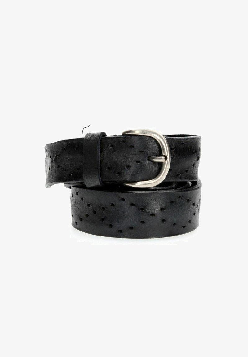 Cintura in pelle nera con texture perforata, fibbia metallica argento e punta regolabile. Design avvolto per una dimensione flessibile.