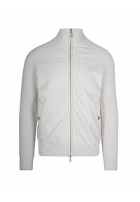 Giacca bianca con zip, maniche e colletto a maglia a coste, tasche laterali con bottone e colletto alto.
