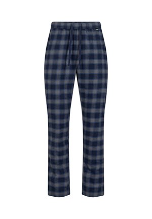 Marineblå og grå ternede pyjamasbukser lavet af blødt stof, med et elastisk talje bånd og snøre for justerbar pasform.