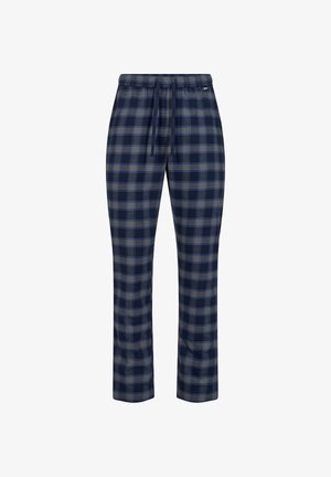 Marineblauwe en grijze geruite pyjamabroek van zachte stof, met een elastische tailleband en een trekkoord voor een verstelbare pasvorm.