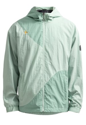 Veste vert menthe en tissu léger, avec une fermeture éclair à l'avant, une capuche et un design à panneaux contrastés avec un accent orange.