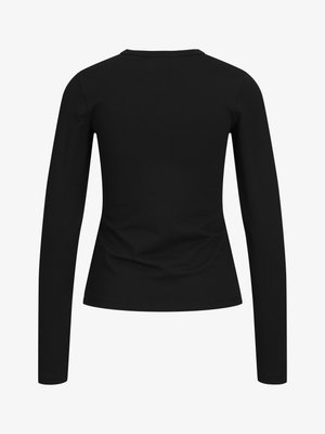 Zwart langemouwshirt met een ronde hals en een aansluitend ontwerp. Gladde textuur en minimale details, geschikt om te layering.