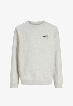 Sweat-shirt gris clair à manches longues avec col rond, petit logo texte noir sur le haut gauche de la poitrine et poignets et ourlet côtelés.