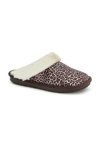 Pantoufles à motifs léopard avec un revers en fausse fourrure blanche et une semelle en caoutchouc marron, présentant une texture de tissu lisse et une forme arrondie.