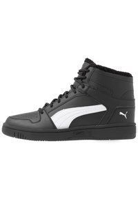 Black high-top sneaker with white Puma stripe, black laces, and fleece lining, shown in left side profile on white background.