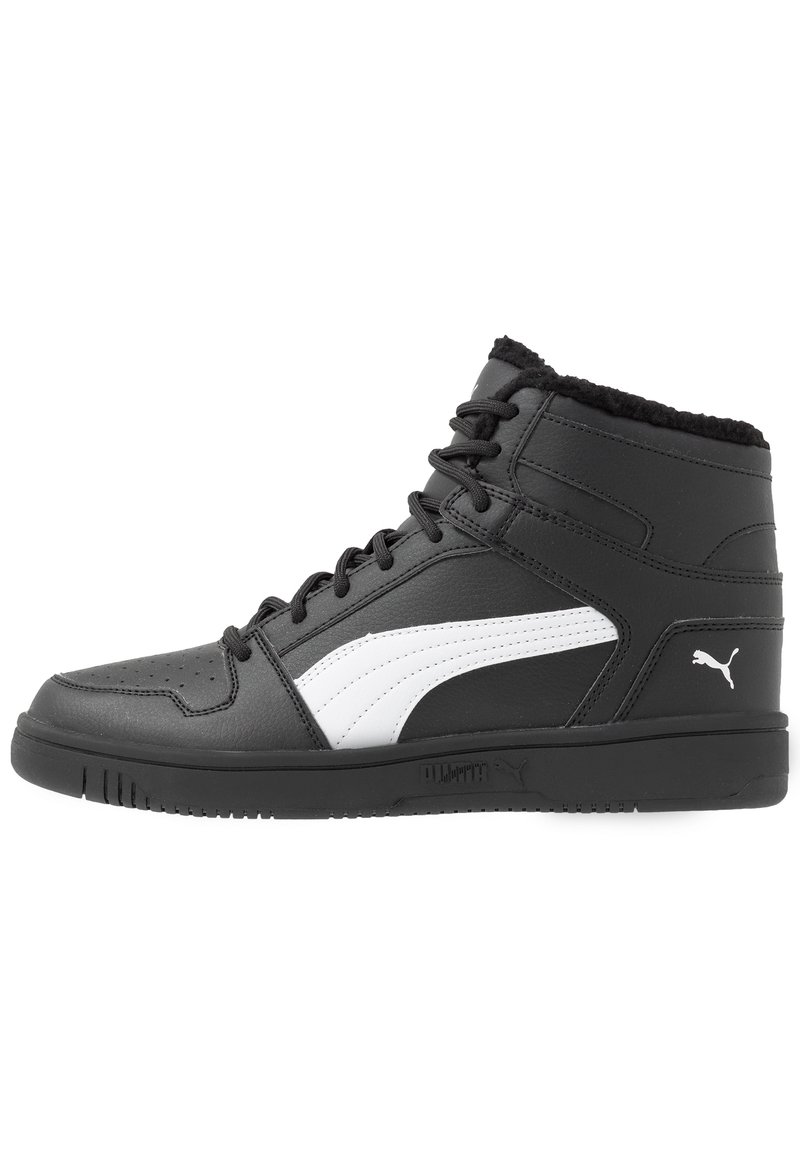 Black high-top sneaker with white Puma stripe, black laces, and fleece lining, shown in left side profile on white background.