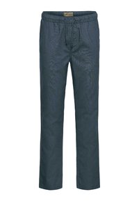 Navy blue lightweight trousers with a textured pattern, elastic waistband, and drawstring closure. Straight-leg design, no visible pockets.