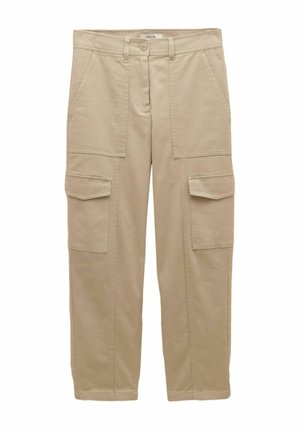 Beige Cargo-Hosen aus Baumwolle mit geradem Beinanschnitt, ausgestattet mit zwei großen vorderen Taschen und einem Knopfverschluss.