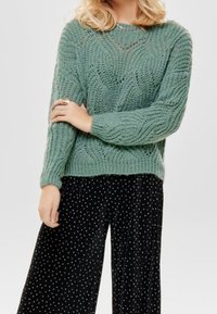 Grüner gestrickter Pullover mit strukturiertem Muster, rundem Ausschnitt und langen Ärmeln, kombiniert mit schwarzen Hosen mit weißen Punkten.