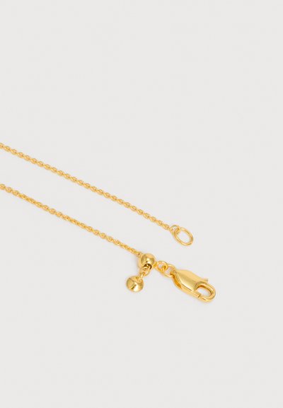 Χρυσή αλυσίδα με κούμπωμα σε σχήμα αστακού και μικρό στρογγυλό μενταγιόν σε ανοιχτό γκρι φόντο.