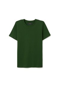 Grünes Baumwoll-T-Shirt mit Rundhalsausschnitt, kurzen Ärmeln und einem kleinen Logorädchen links unten. Glatte Textur, klassischer Schnitt.